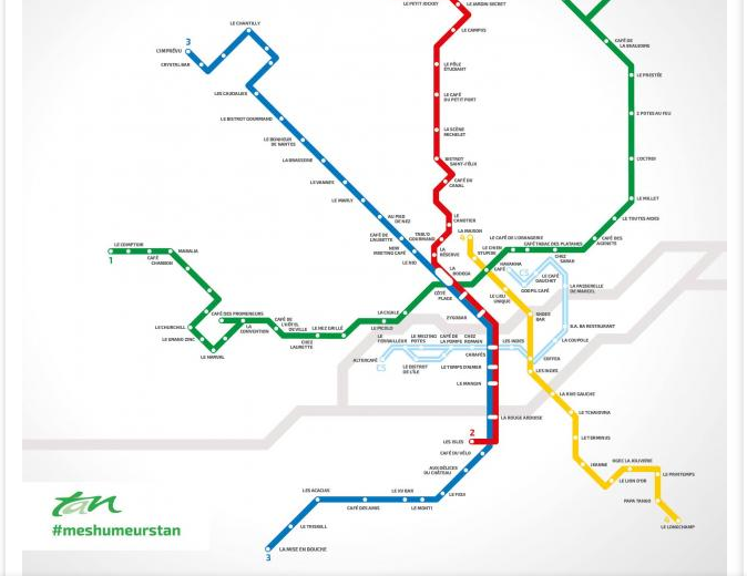 Une carte qui vous indique les bars les plus proches des stations de tramway de Nantes.