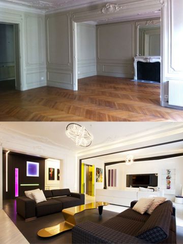 Le salon, avant et après le passage de la décoratrice.